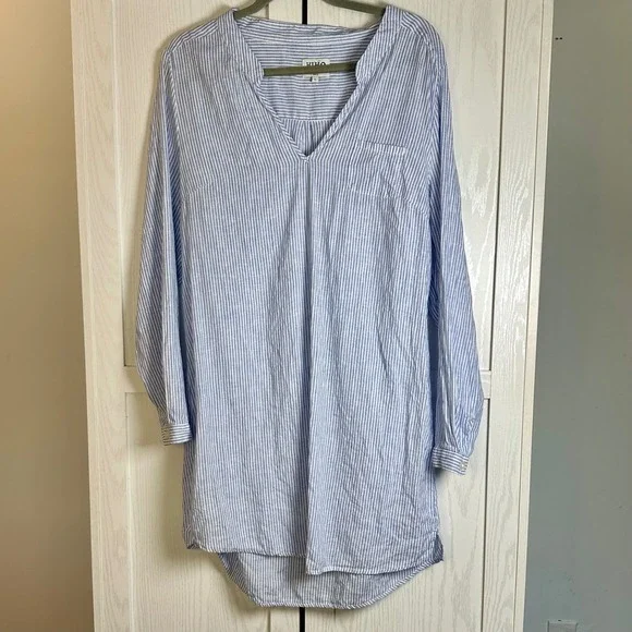 HIHO Bananakeet Blue Striped Linen Tunic Shirt Dress Long Sleeve size Large - Picture 2 of 9